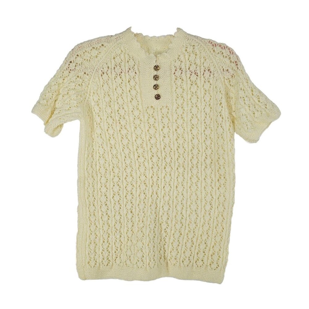 Vintage 70s Handmade Womens Sweater S M Ivory Retro Cottage Eyelet Granny Boho - Picture 1 of 7